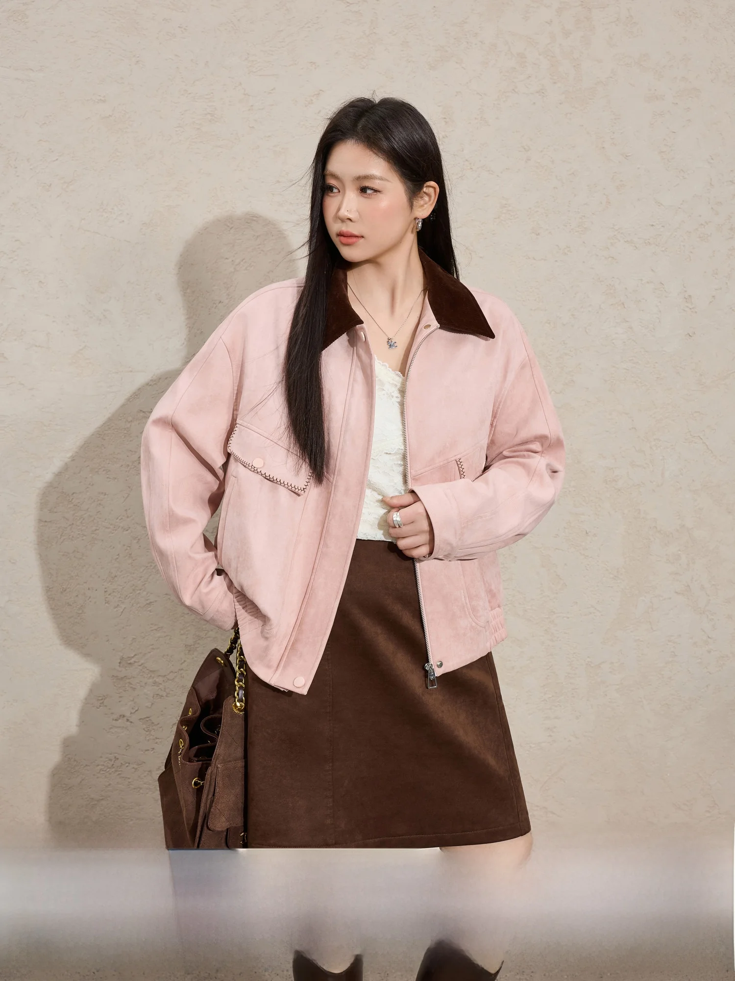 

Blue Language Large Size Suede Pink Retro Workwear Jaet Women's Spring New Color Colion Collar Jaet Top