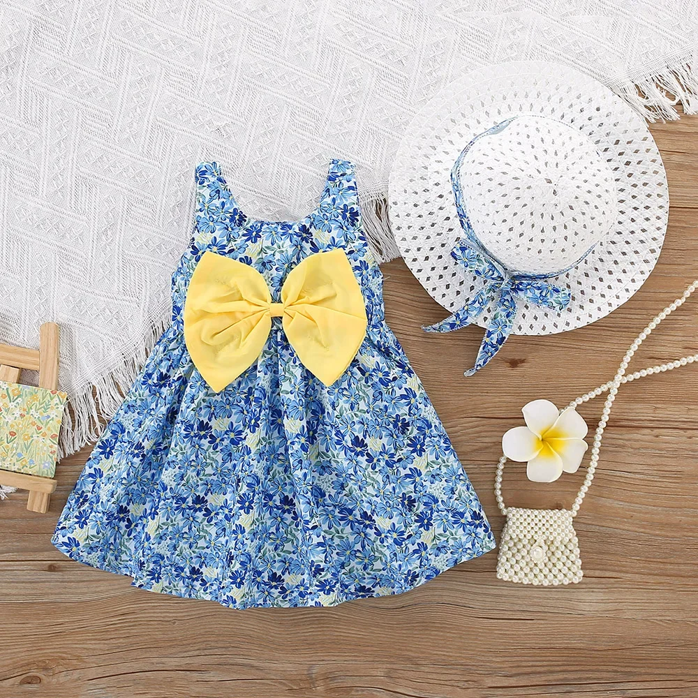 2 Pcs Baby Summer Dress Sweet Sleeveless Fragmented Flower Big Bow Knee Length Waist Wrapped Party Dress Comes with Beach Hat