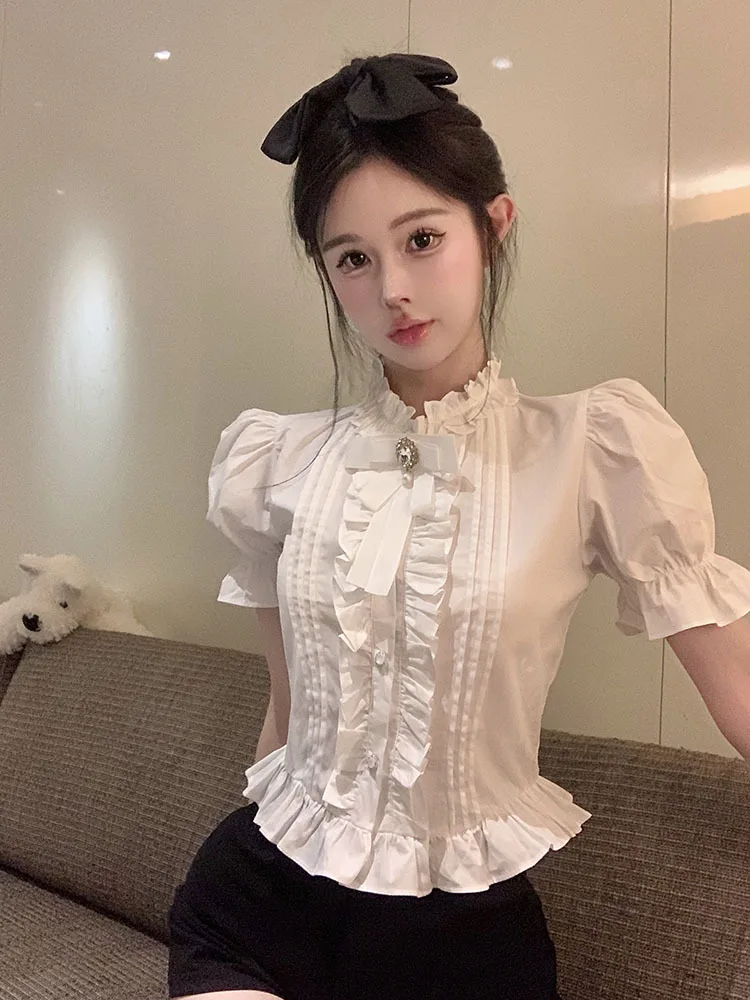 

2023 Japanese Harajuku Summer Women White Blouse Ruffled Collar Bow Ruffles Y2K Blusa Cute Kawaii Sweet Short Sleeve Ladies Top