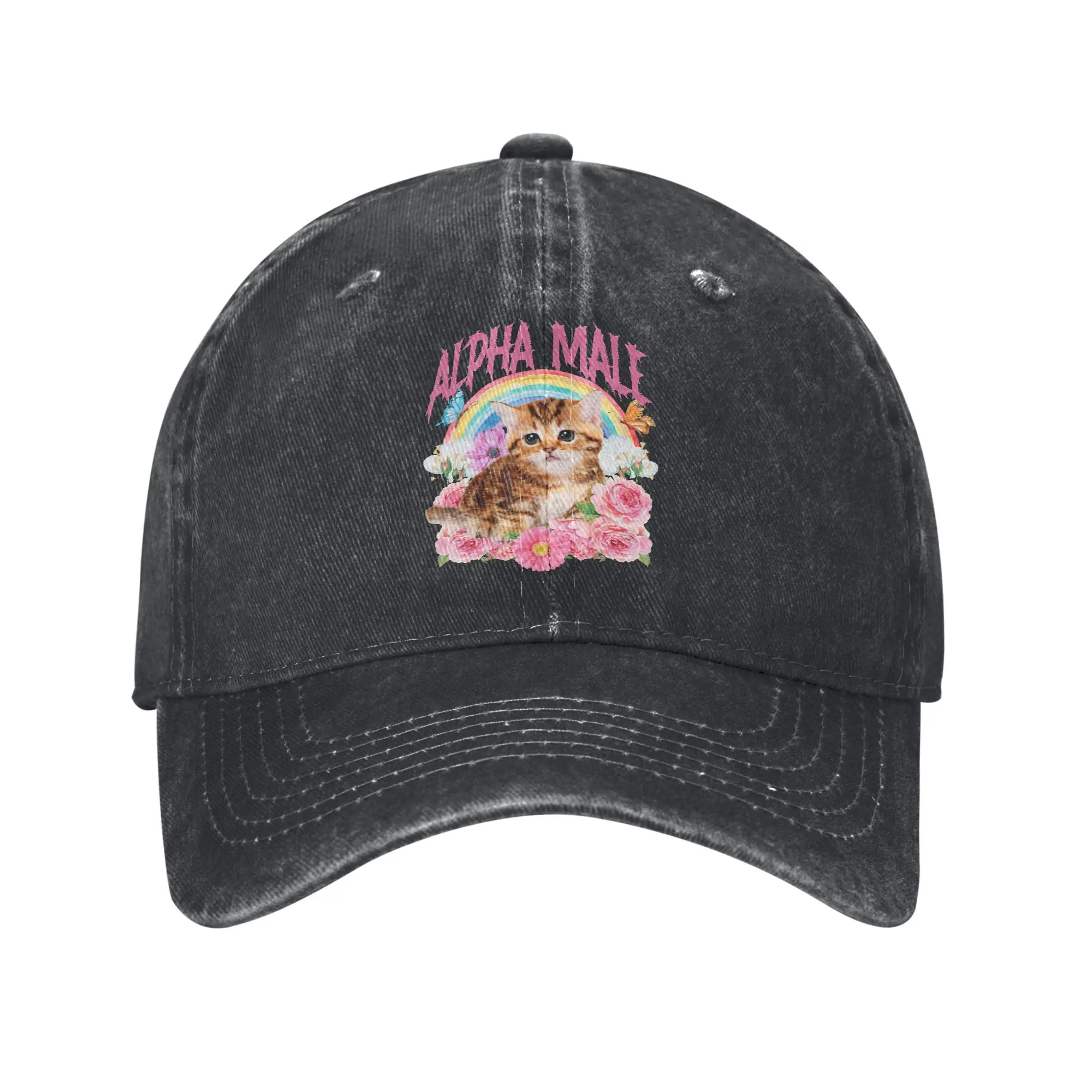 Alpha-Male Cat Funny Kitten Men Women Baseball Cap Rainbow Floral Distressed Washed Hats Outdoor All Seasons Adjustable Headwear