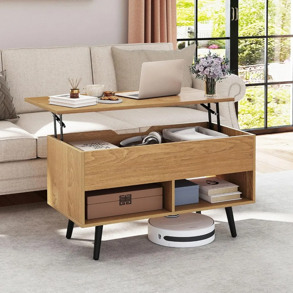 Modern Lift Top Coffee Table for Living Room: Natural Wooden Design with Hidden Compartment and 2 Shelves
