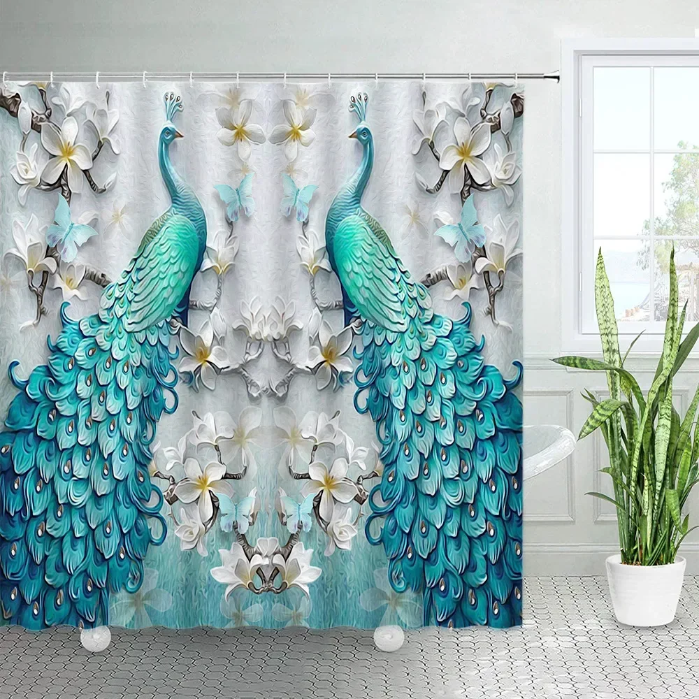 Floral Peacocks Shower Curtains Relief Flowers Plants Blue Birds Chinese Style Printed Bath Curtain Fabric Bathroom Decor Hooks