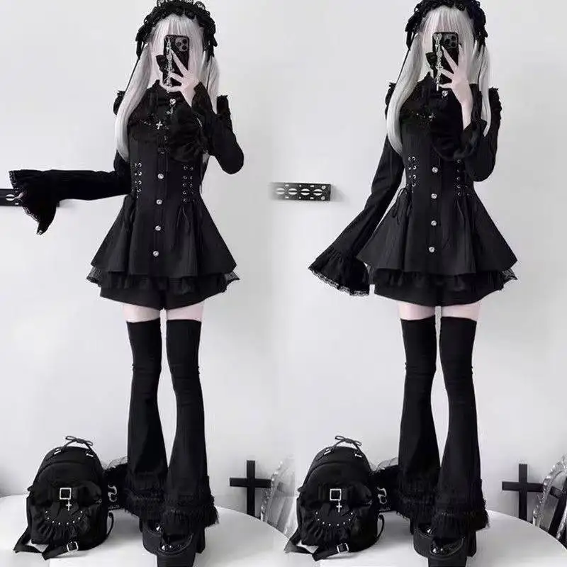 Women Gothic Lace Flare Sleeve Button Shirt Dress Japanese Punk Party Mini Dress Y2k Aesthetic Lolita Style Bow Dress Shorts Set