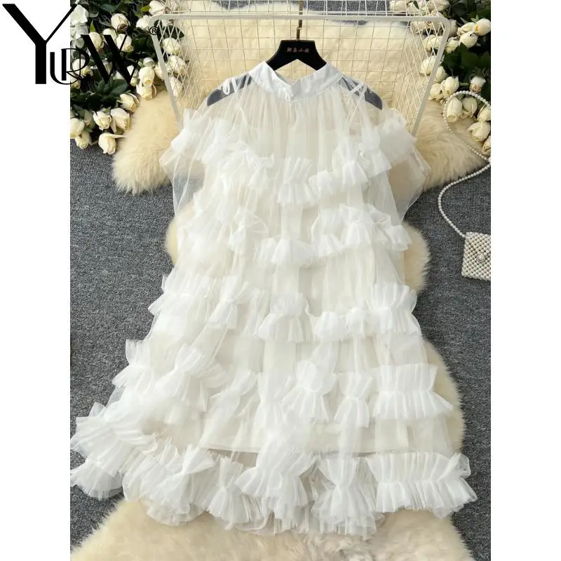 GetSpring Women Dress 2025 Spring Autumn Fashion Mesh Stitching Ruffles Short Sleeve Loose Fairy Long Gauze Black White Dresses