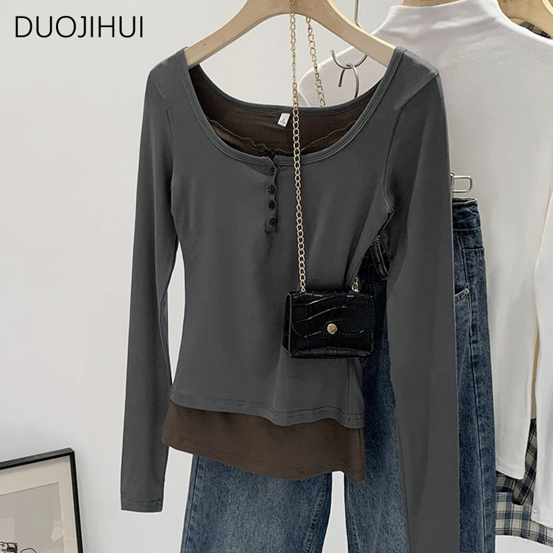 DUOJIHUI Spell Color Fake Two Piece Chic Lace Women T-shirts Autumn New Basic Long Sleeve Fashion Simple Casual Female T-shirts