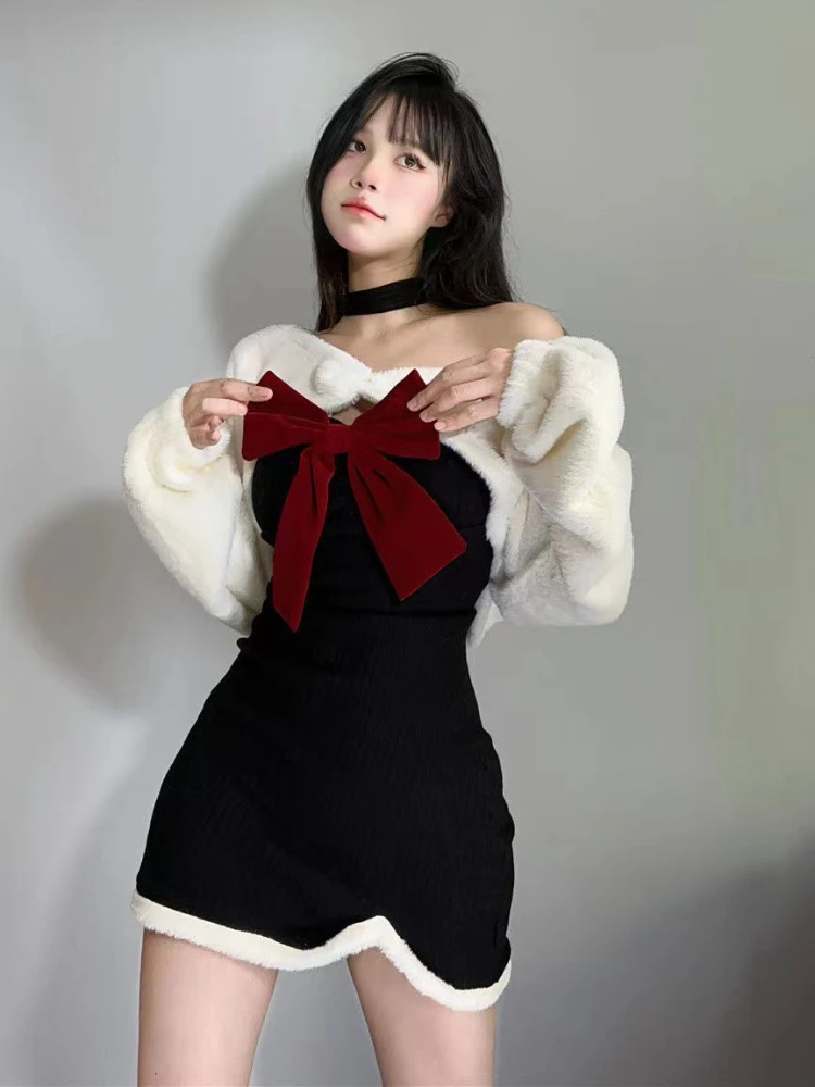 Christmas Sweet Two Piece Set Women Japanese Style Bow Y2K Party Dress Set Female Sexy Elegant Slim Mini Dress Suit Winter 2022