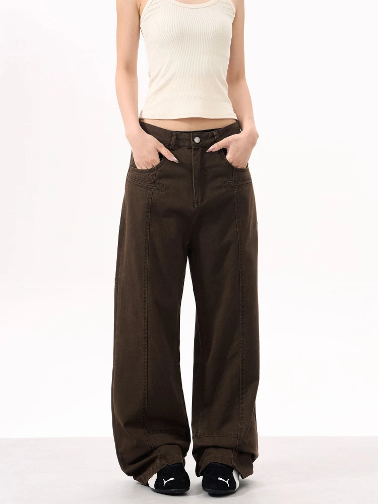 

ISTURE Американские свободные прямые джинсы с талией в стиле ретро ex High Street Cleanfit Широкие брюки длиной до пола Хлопковые молодежные Fa...