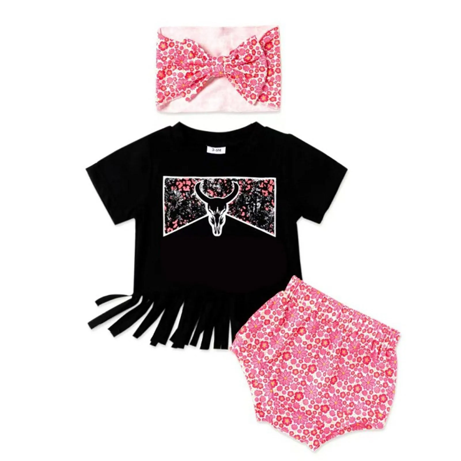 Infant Girls Summer Outfits Cow Head Print Short Sleeve Tassel T Shirt Pullover Tops+Pink Floral Print Shorts With Hairband Sets