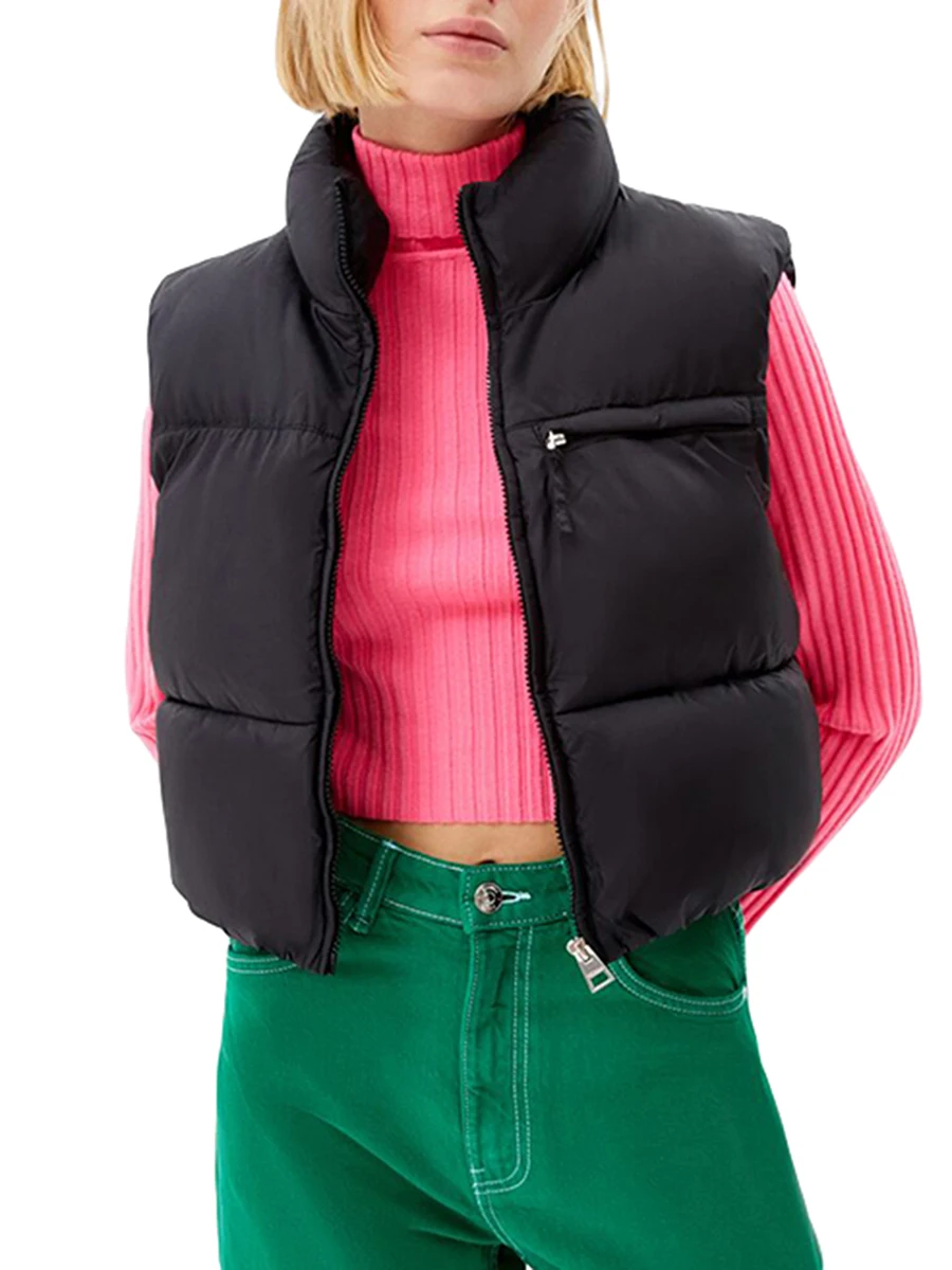 Women Cropped Puffer Vest Warm Solid Color Lightweight Sleeveless Zipper Down Jacket for Winter Outwear Streetwear