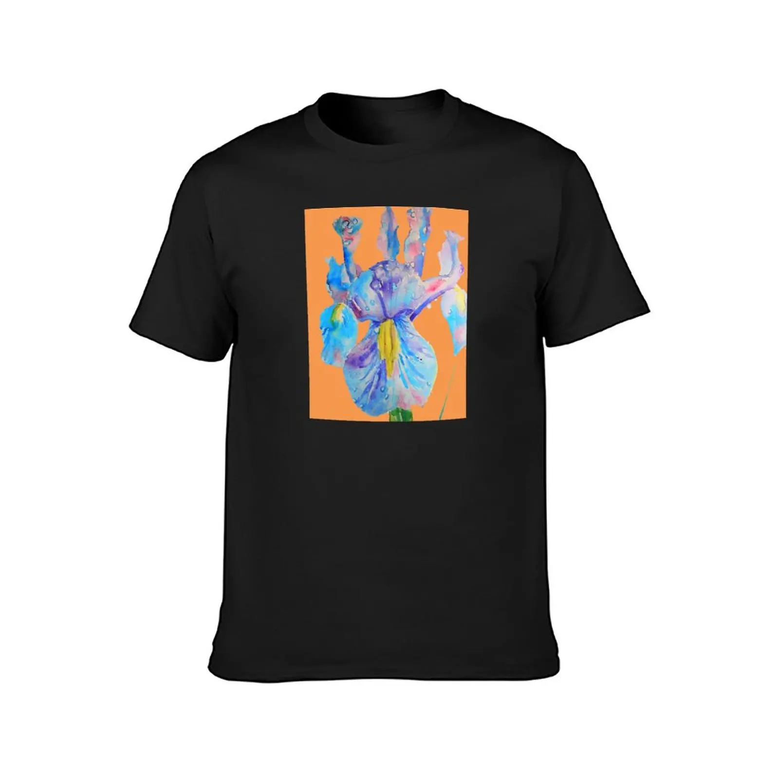 Iris Watercolor Painting - Blue with Raindrops - on Orange T-shirt quick-drying vintage clothes mens graphic t-shirts