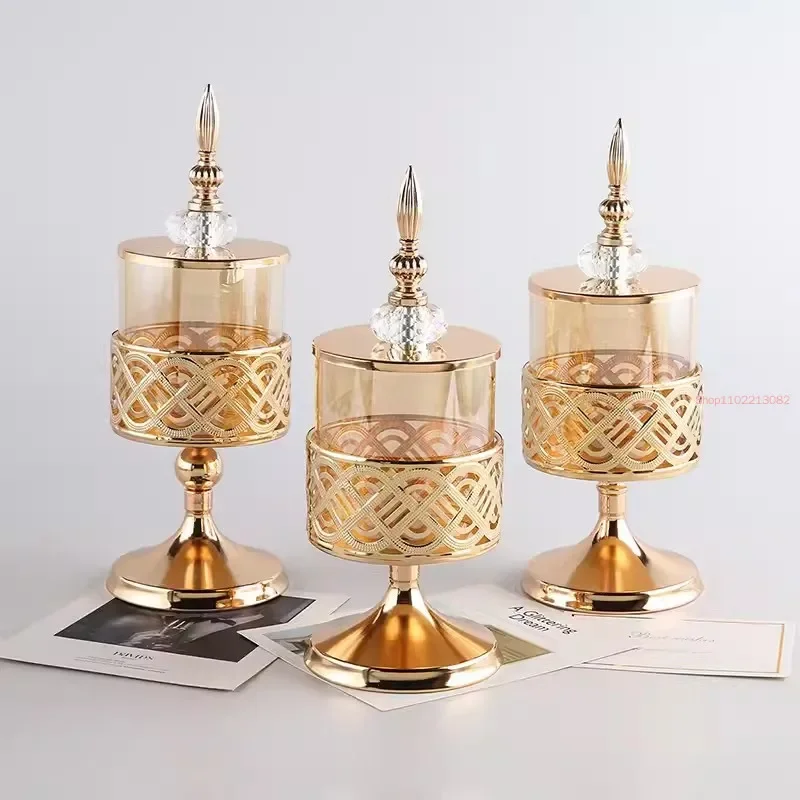 

Golden Crystal Storage Jars Metal Tea Canister Candy Pots Gold Plated Glass Jar Jewelry Box Dressing Table Cosmetic Containers