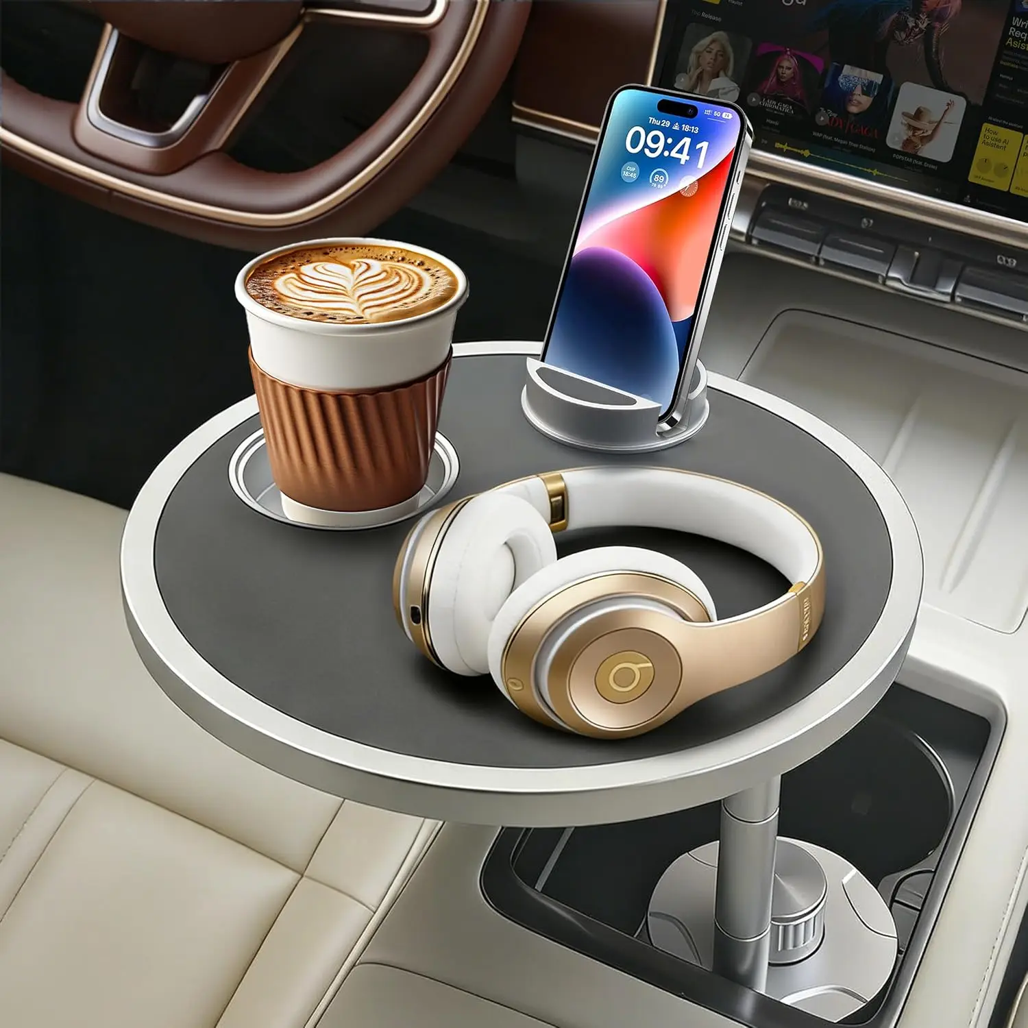 

Car Table Tray with Aluminum Cup Holder & Phone Stand, 360° Rotating Desk for Laptop, Eating, Fits Round Cup Holders 2.28"-3.66"