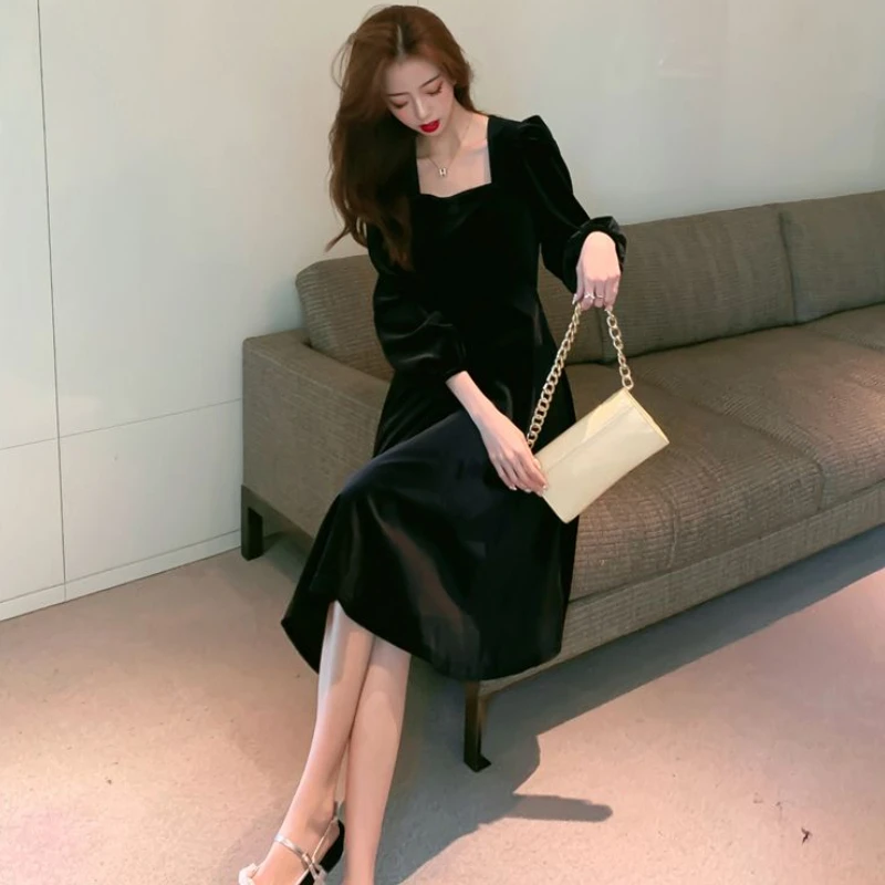 여성용 긴팔 드레스, 스퀘어 칼라, 우아한 프렌치 스타일, 시크한 블랙, 미적 벨벳, 이브닝, 가을, 겨울, 미디