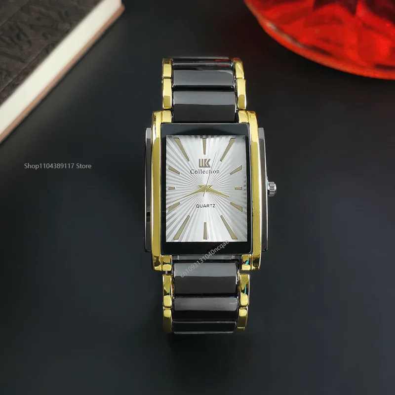 Керамические кварцевые мужские часы, модные роскошные прямоугольные наручные часы с календарем, черное золото, подарки для пары, часы Reloj Hombre