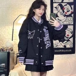 Cartoon Kuromi Y2K Baseball Jersey Sanrioed Women Black Retro Clothes Anime Kawaii Jacket Autumn Winter Vintage Girls Coat Tops