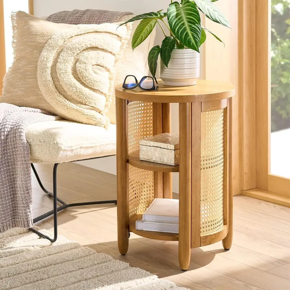 Woven Rattan Side Table Light Honey Finish Two Shelves  Springwood Collection