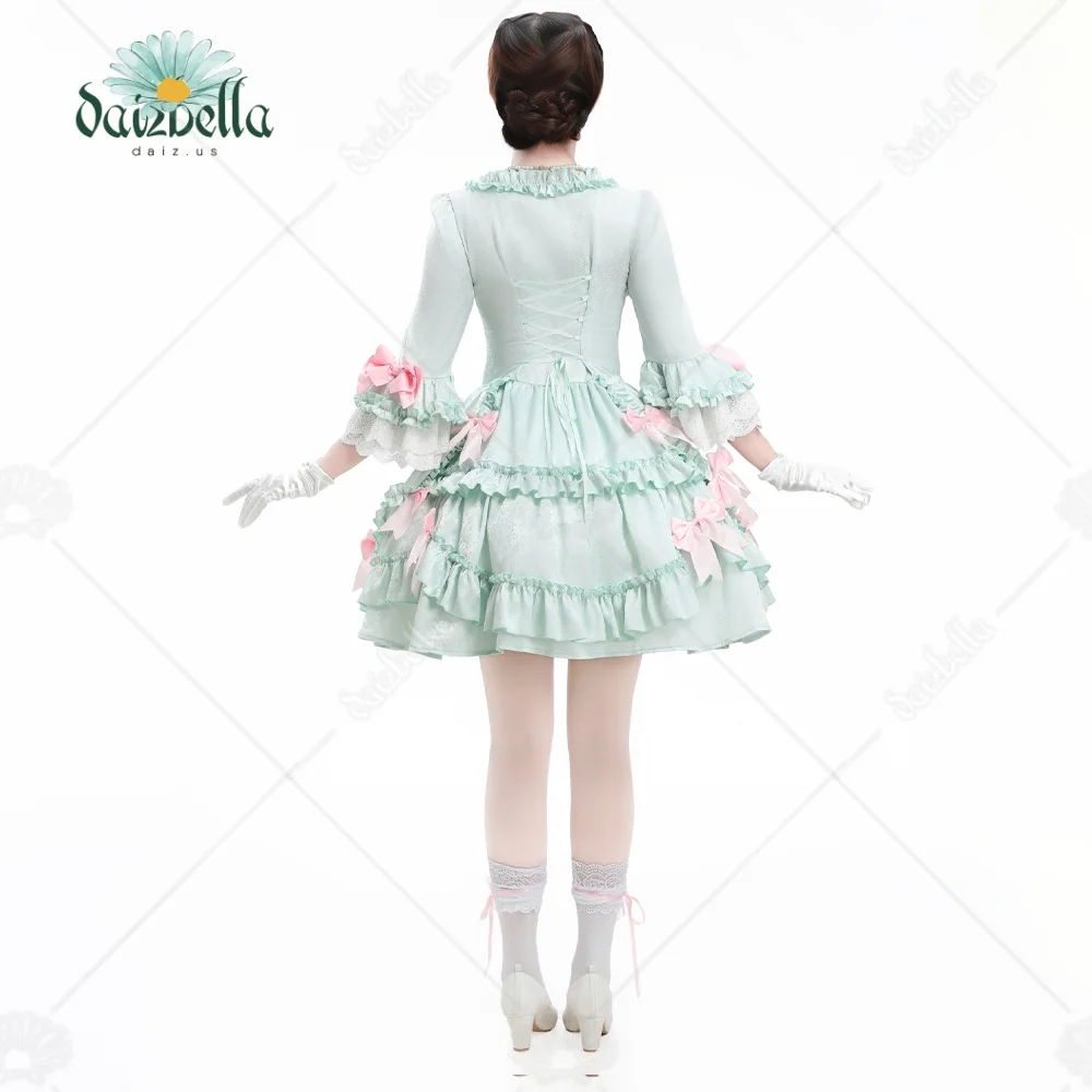 US Stock DAIZBELLA Women's Pompadour Style Mini Dress in Blue Satin Rococo Inspired Vintage Dress​ with Pink Bow Decorations view 2