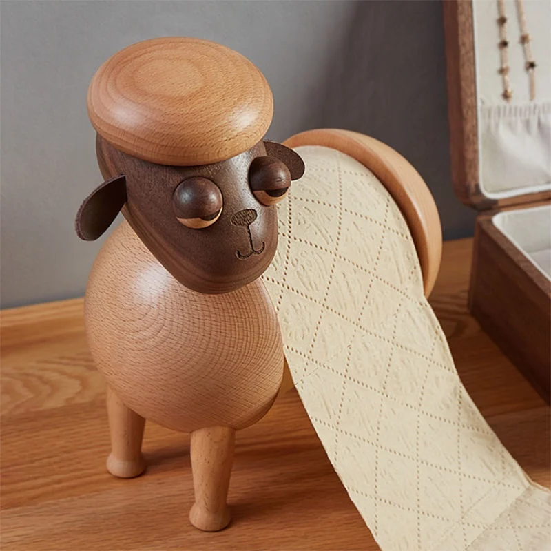 Cartoon Little Lamb Tissue Holder Stand Living Room Dining Table Paper Towel Storage Organizer Animal Figurine Wood Material