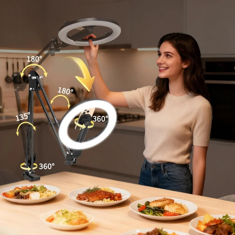 Magnetic Overhead Phone Mount with 10” Ring Light, 5000mAh Flexible Articulating Circle Lamp Table Tripod, Phone Stand for Video Recording Cooking Nail, Zoom Meeting view 6