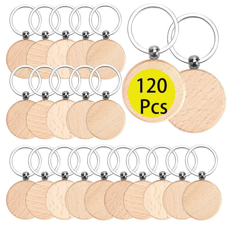 120Pcs Wood Keychain Blanks Unfinished Round Wood Key Tag Wood Blank Key Chain for DIY Crafts Do not Do Logo