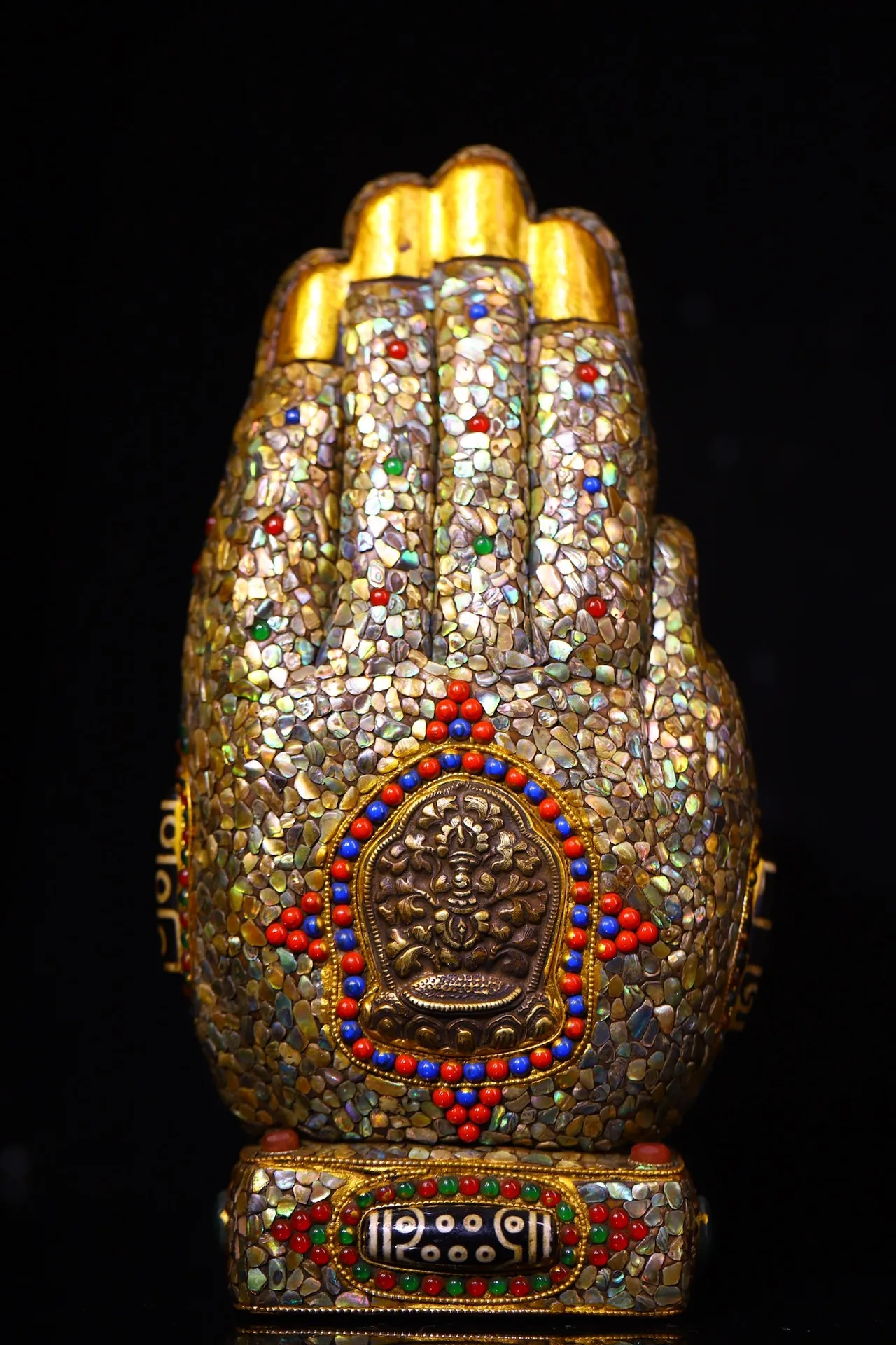 

9”Nepalese folk Old Meteorites Mosaic Gem gZi Beads Shell Painted Buddha's Hand Bodhisattva Akashagarbha Buddha