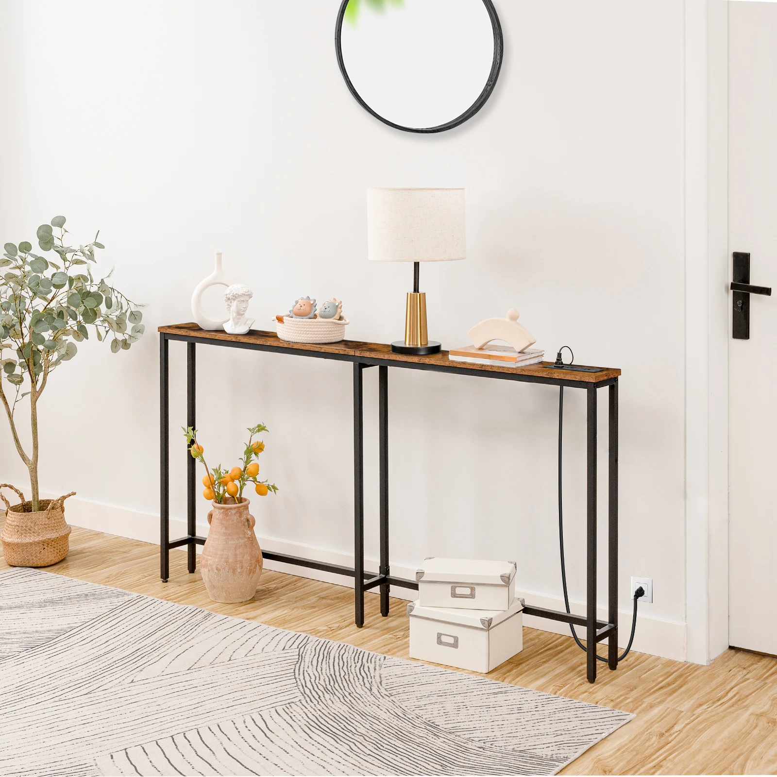 

5.9" Skinny Console Table with Charging Station 63" Narrow Console Table with Power Outlets Long and Thin Sofa Table Slim