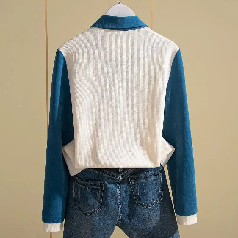 Fake Two Pieces Contrast Loose T Shirts Spring Autumn New Polo Neck Long Sleeve Vintage Tops Tees Casual Fashion Women Clothing