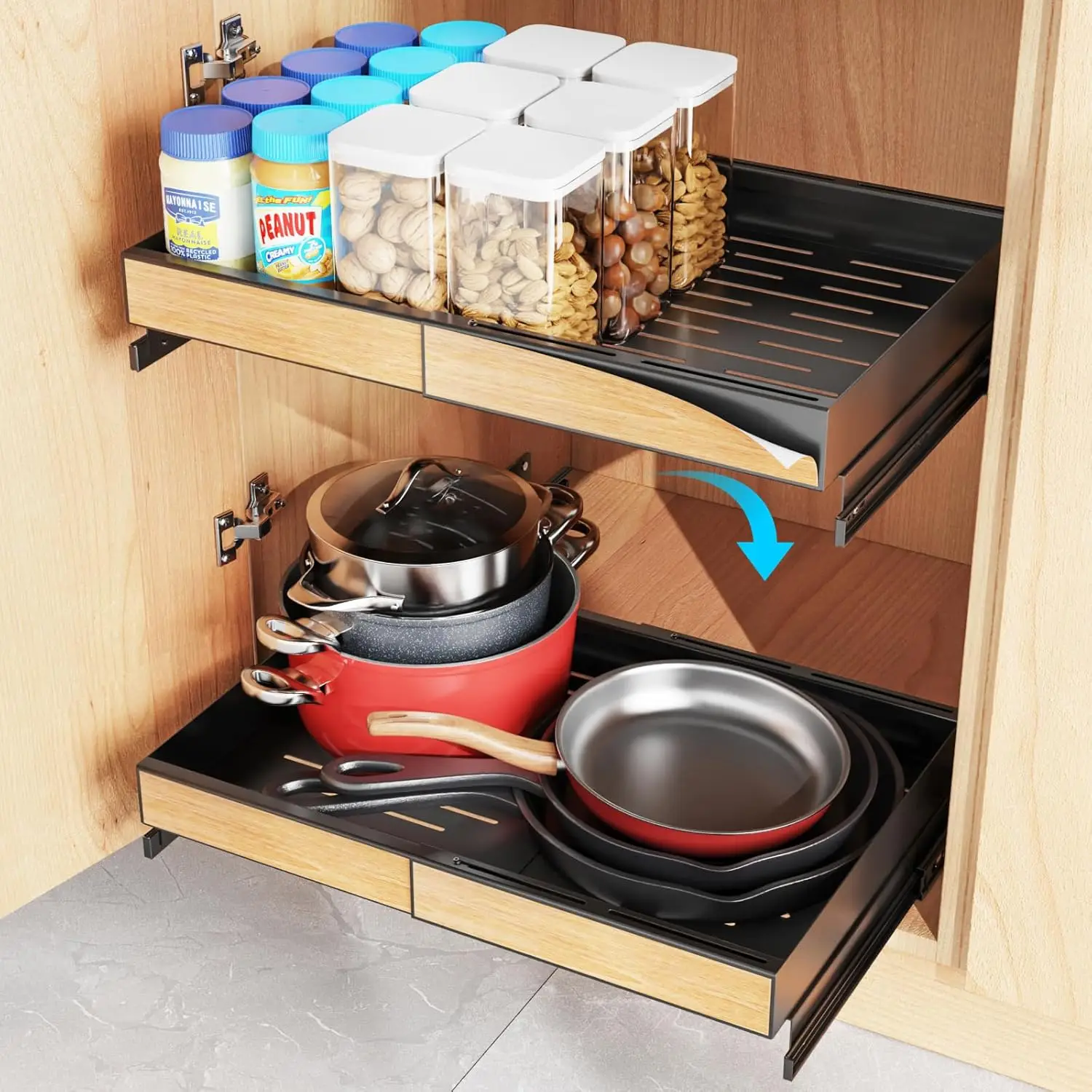 Pull Out Cabinet Organizer Wide Base Cabinets Side Mount Pots Pans Cabinet Easily Slide Out to Get Items Double Storage Space