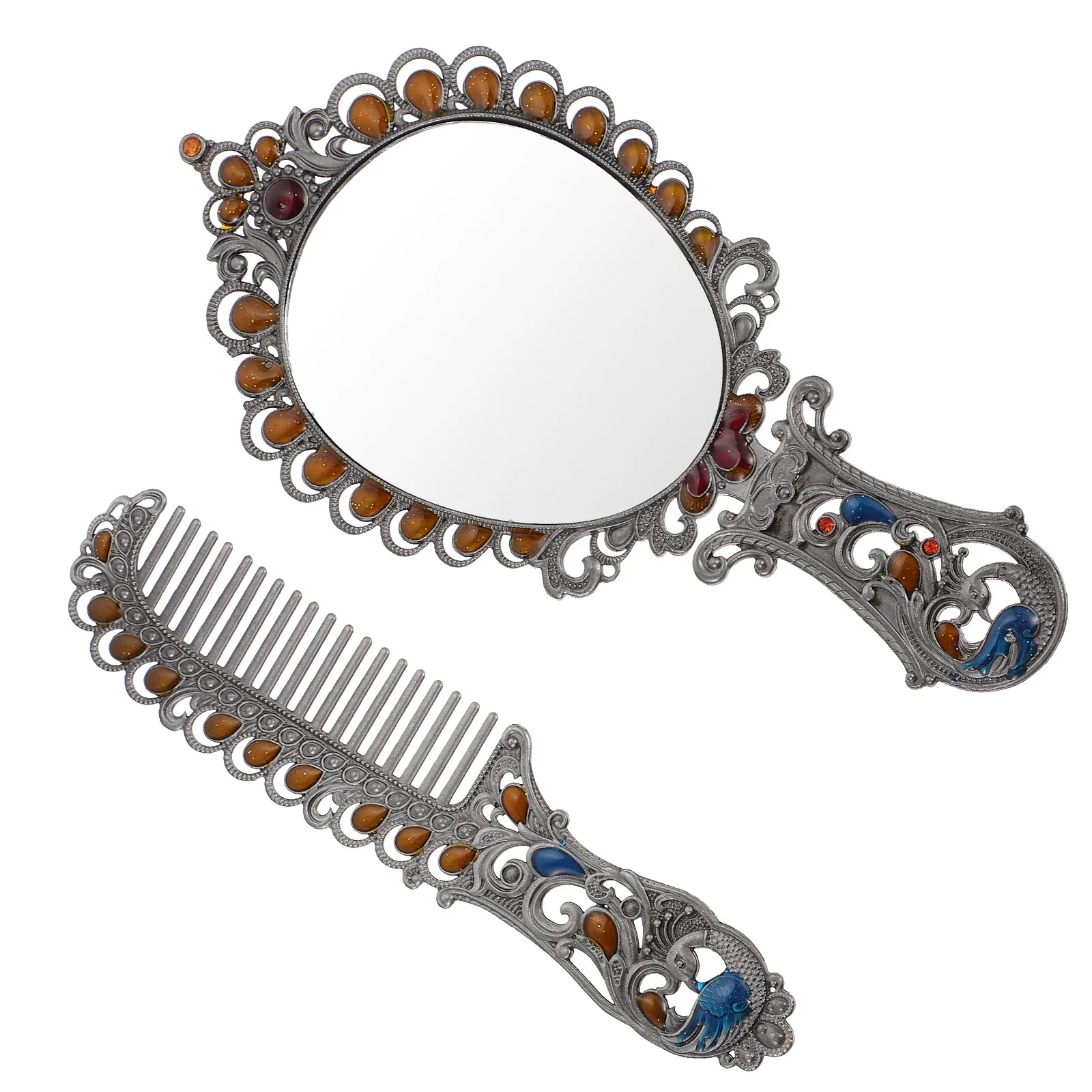 1Set Compacte Vintage Reliëf Pauw Spiegel Kam Opvouwbare Make-up Handheld Mini Draagbare Make-up Spiegel Metalen Tool Gift