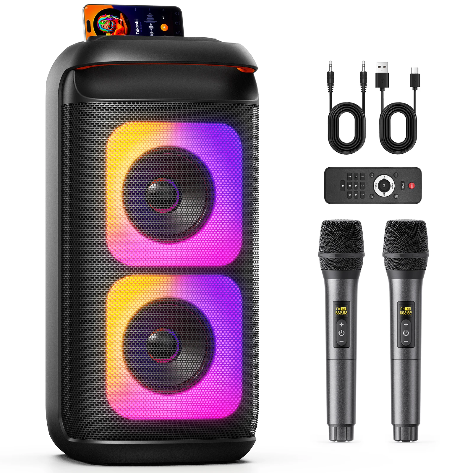 آلة الكاريوكي T37 مع 2 ميكروفونات لاسلكية، وأضواء LED، وصوت ثلاثي الأبعاد، والتحكم في الصدى، ودعم التلفزيون/USB/AUX/TF للحفلات المنزلية