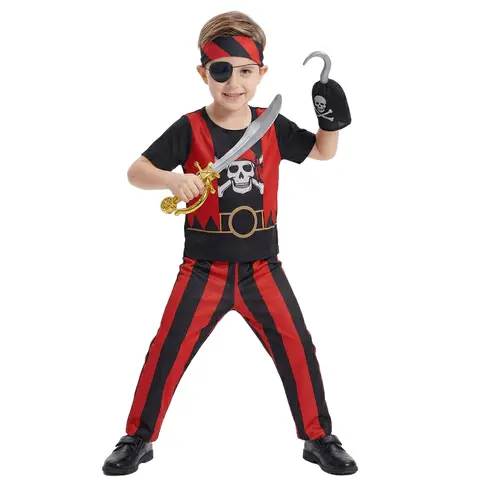 10PC Boys Pirate Costume Set with Skull Print Striped Shirt Pants Halloween Cosplay Outfit and Toy Gift Accessories