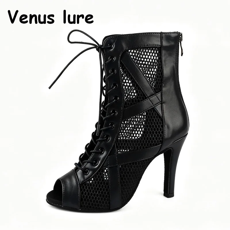 venus-lure-latin-dance-shoes-woman-suede-sole-dance-high-heels-black-pu-with-mesh-lace-up-dance-boots-ballroom-thick-insole