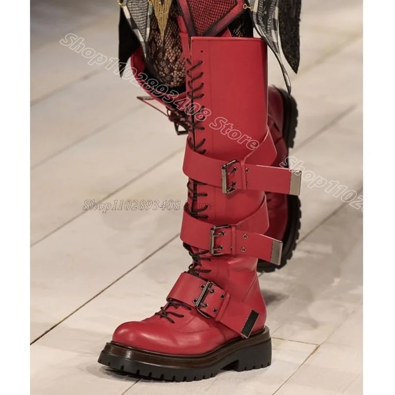 

Red Belt Buckle Knee Boots Round Toe Matte Leather Lace up Party Casual New Fashion Punk Style Women Boots Zapatos Para Mujere