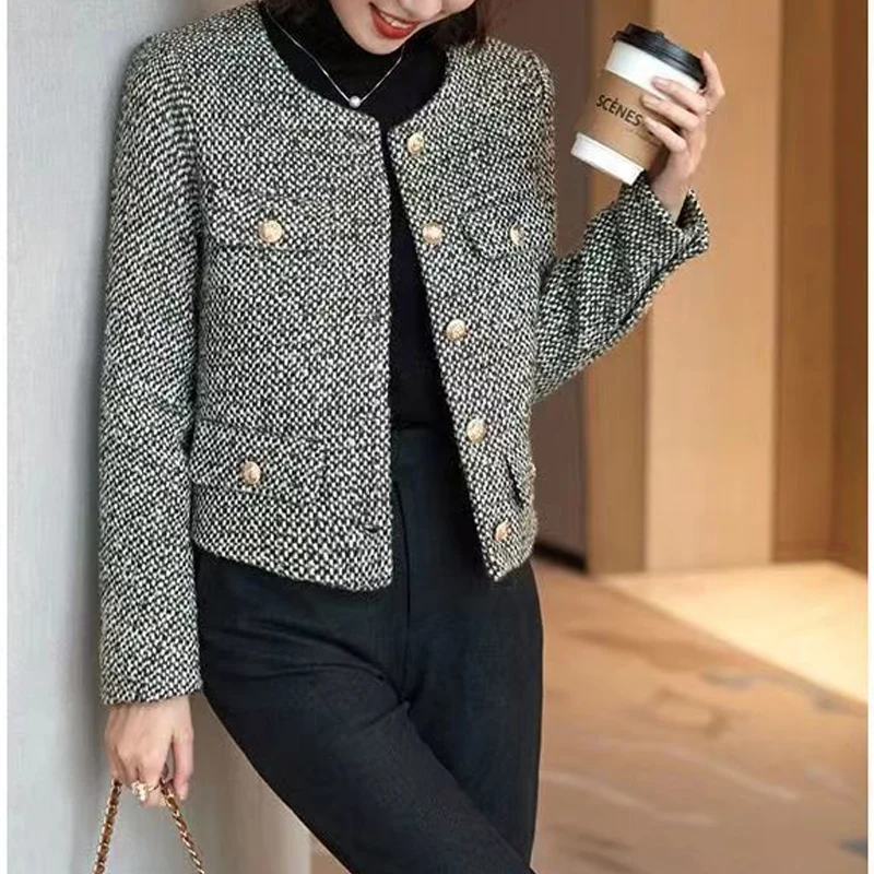 2023, wiosna, jesień, nowy, jednolity kolor, okrągły dekolt, z długim rękawem, patchworkowa kurtka z guzikami, moda damska, elegancki, Vintage,