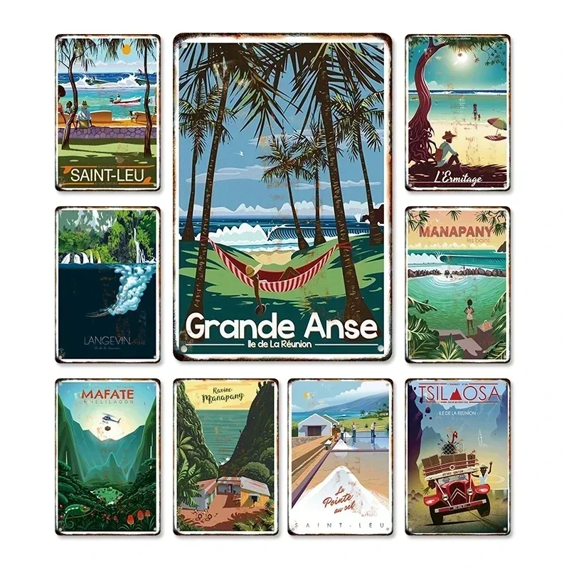 Nordische Reise-Metallposter, französische Reunion-Insel, Urlaubsillustration, Blechschild, Plakette, Wandkunst, Dekoration für Wohnzimmer, G