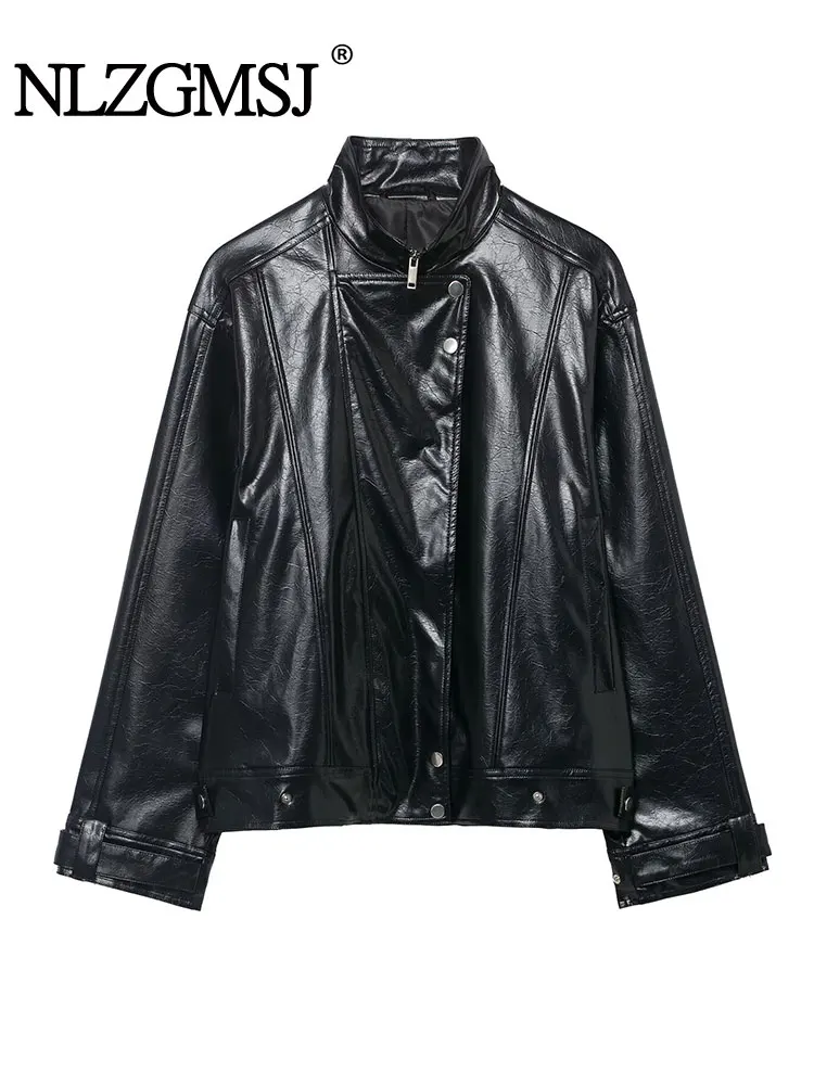 

NLZGMSJ женская свободная куртка из искусственной кожи, осень 2021, мотоциклетные куртки с длинными рукавами и стойкой, пальто большого размера, женская верхняя одежда Y2K