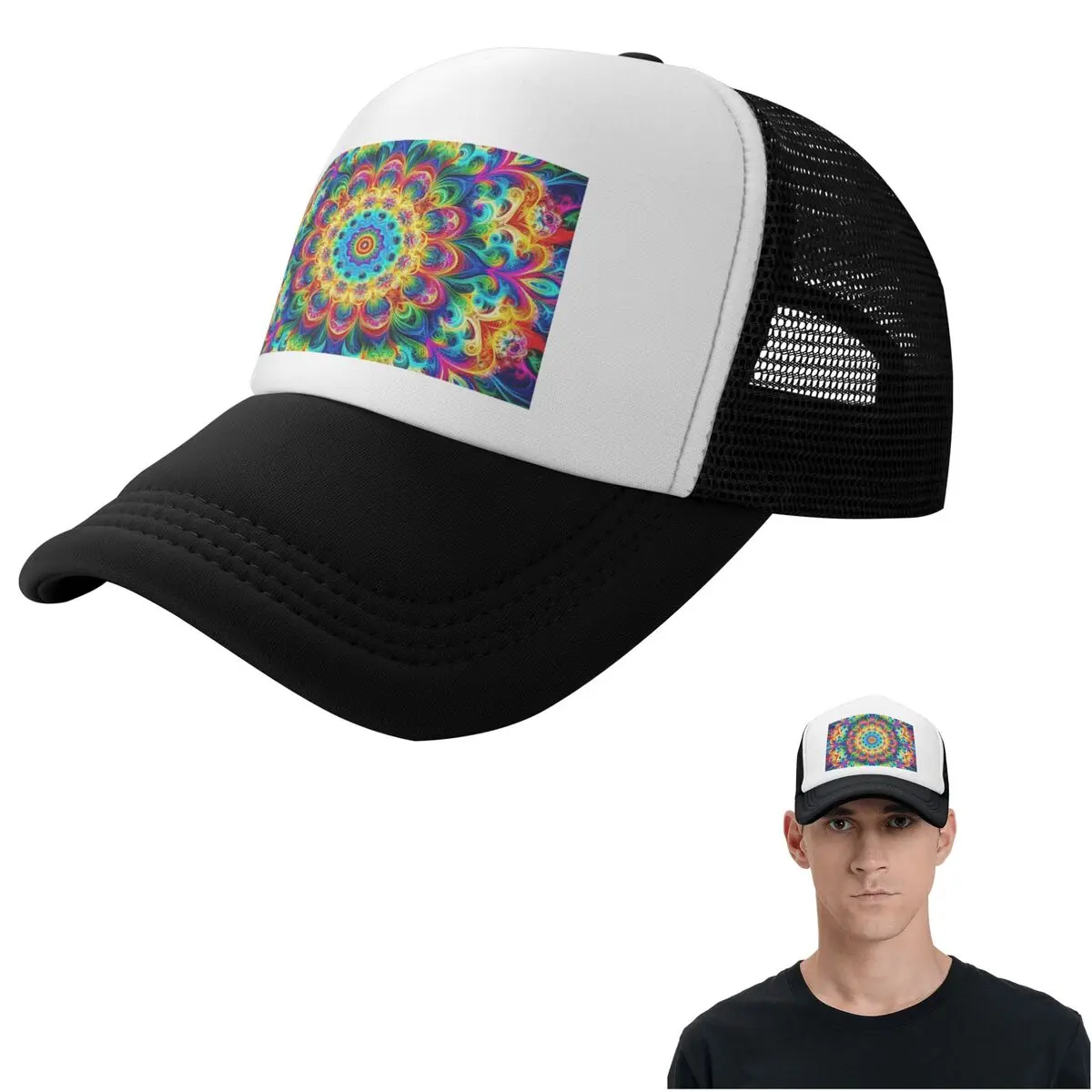 Retro Psychedelic Black With Vibrant Magic Pattern 4 Cap Casual Mesh Baseball Caps Adjustable Hat Hip Hop Summer