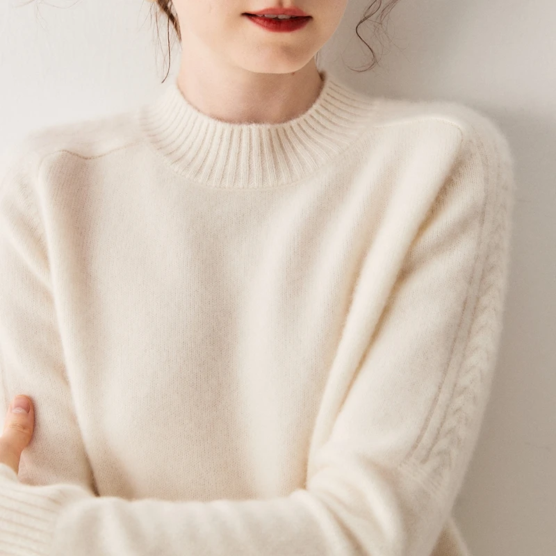 

2025 Women 100% Plush Cashmere Sweater Mock Neck Basic Pullovers Autumn Winter Thick Long Fluff Pure Cashmere Knitwear Tops New