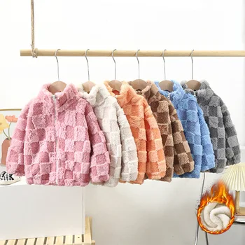 Kids Plaid Fleece Jacket 3 Kids Winter Thick Warm Coats Boys Girls Stand Collar Zipper Jackets Baby Fleece Outerwear Children Daily Casual Cardigans 3