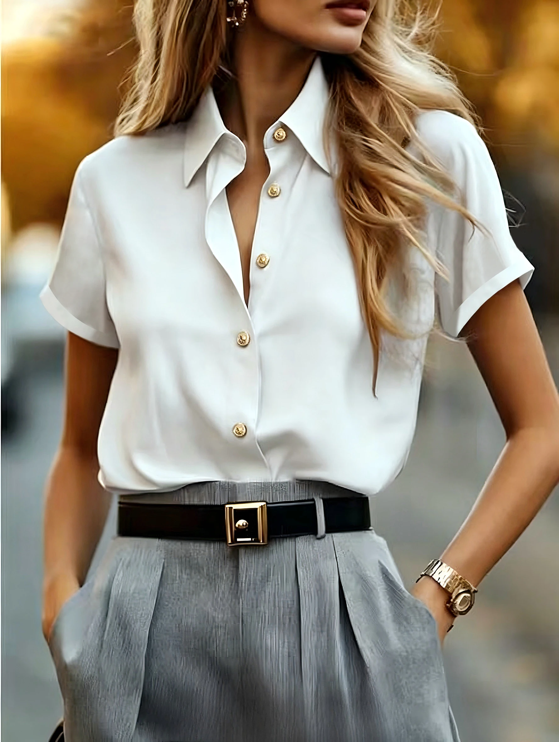 Elegante, lässige Damenbluse mit kurzen Ärmeln – perfekt für den Wochenendurlaub – Detail 3