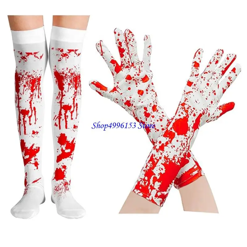 Q0KE 1/2Pcs Thigh High Stockings Horrific Bloody Gloves Halloween Cosplay Costumes