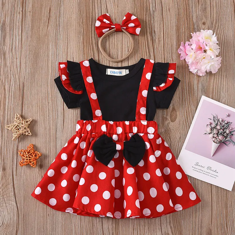 2Pcs/Set Cartoon Polka Dot Baby Girl Evening Dresses Bow Kids Birthday Party Princess Toddler Children Clothes Suit 0 To 3Years