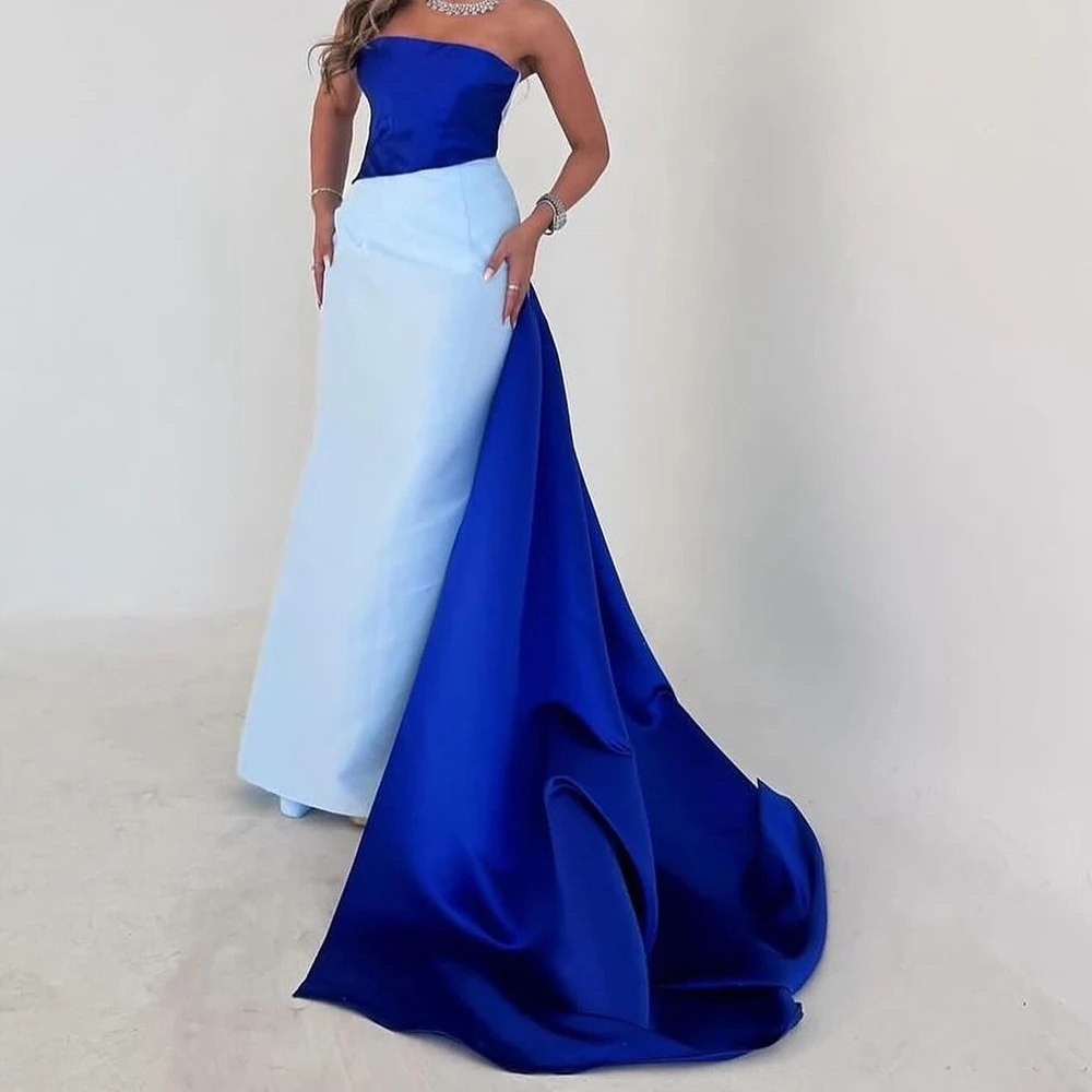 

High Quality Satin Straight Evening Dress Strapless Floor Length Sleeveless Panel Train Photo Color vestidos para mujer Classic