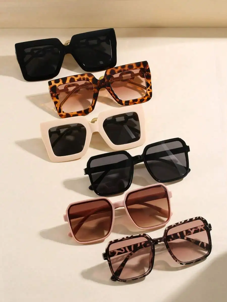 

Oversized Square Plastic Frame Sunglasses with Leopard Print & Solid Colors