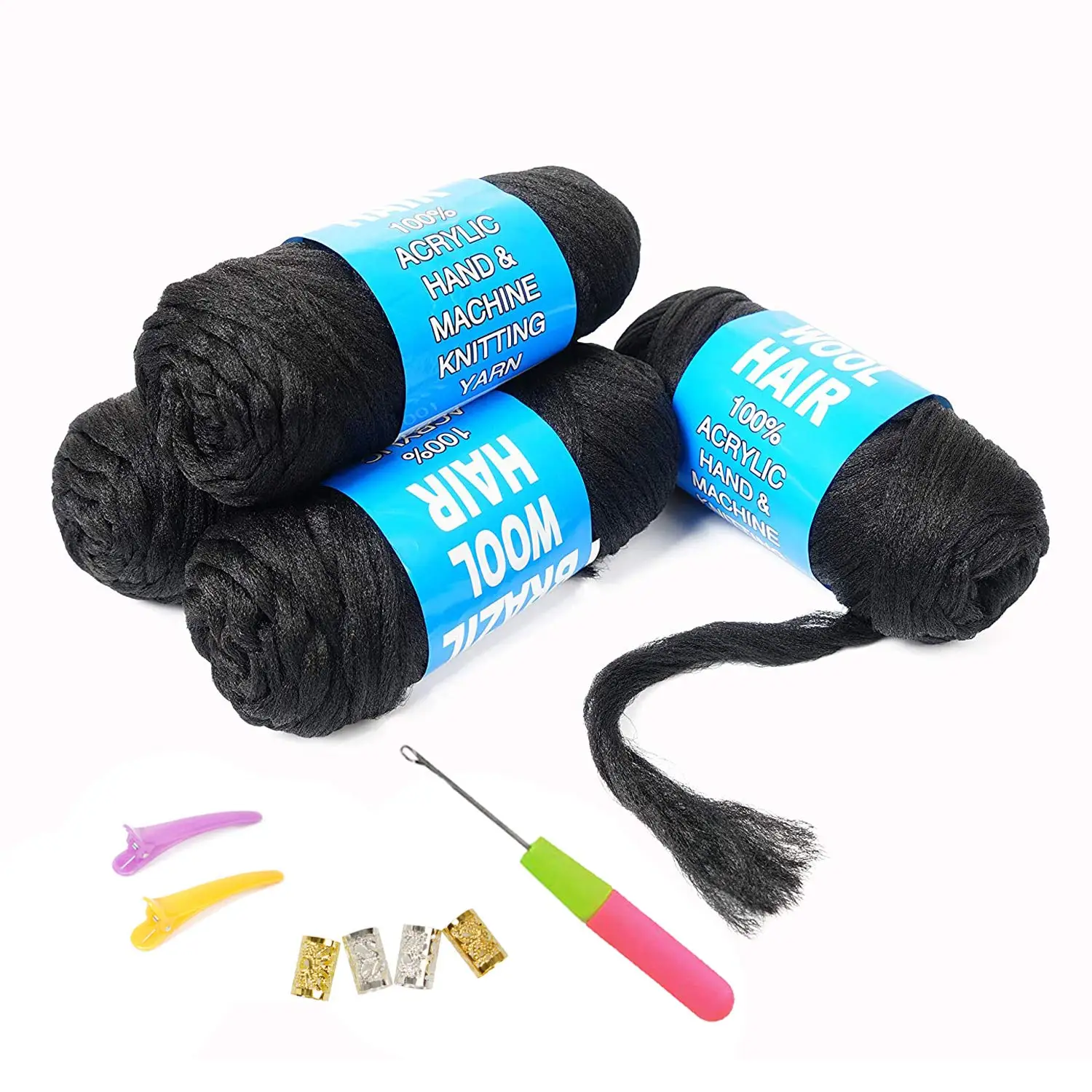 Brazilian Wool Hair Acrylic Yarn for African Braids/Senegalese Twist/Faux Locs/Wraps with Crochet Hook