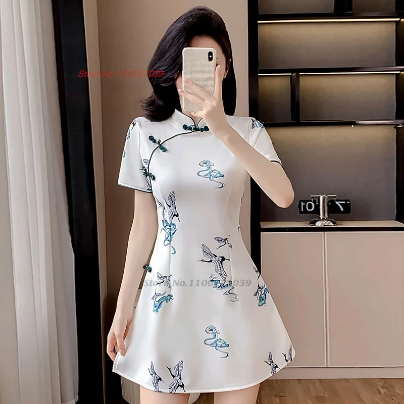 

2025 chinese banquet nightclub dress crane print cheongsam improved qipao dress+shorts set hotel spa work dress beauty uniform