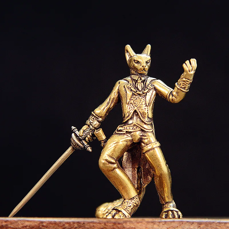 Cat with Sword Figurines Brass Statue Samurai Cat Desktop Tea Pet Ornament Home Decor