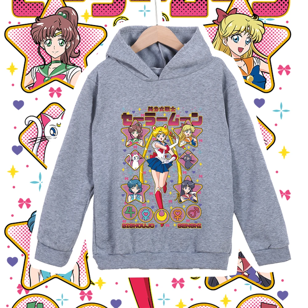 Kinder Anime Baumwoll-T-Shirt Sailor Moon Charaktere Druck Unisex Hoodie Sweatshirt für Jungen Mädchen 100-160cm Körpergröße – Detail 5