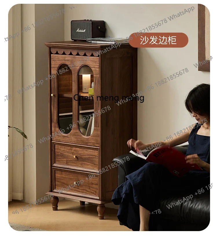 North American Black Walnut Wine Cabinet Living Room Glass Door Storage Organizer Display TV Cabinet Side Cabinet