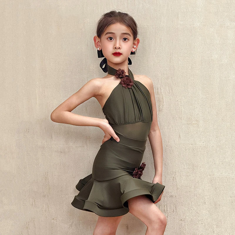 Sukienka na zawody tańca latynoamerykańskiego dla dziewcząt, bez rękawów, kostium do tańca latynoamerykańskiego, strój do tańca towarzyskiego dla dzieci, strój treningowy SL12506